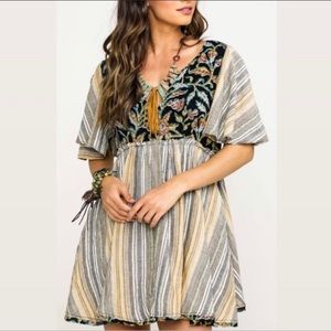 Free People boho Under The Sun Striped leaf floral V neck Tunic or mini dress